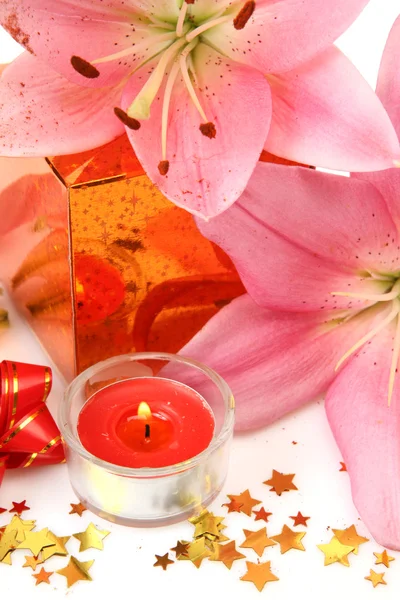 Pink lilies and box — Stock Photo, Image