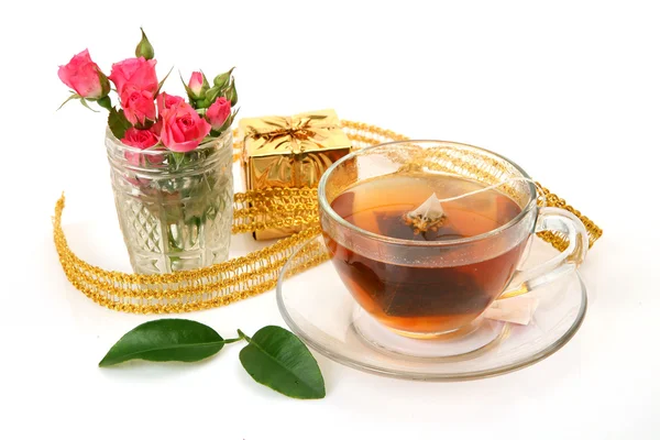 Tea and box with a gift — Stock Photo, Image