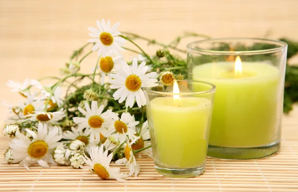 Chamomiles and candles — Stock Photo, Image