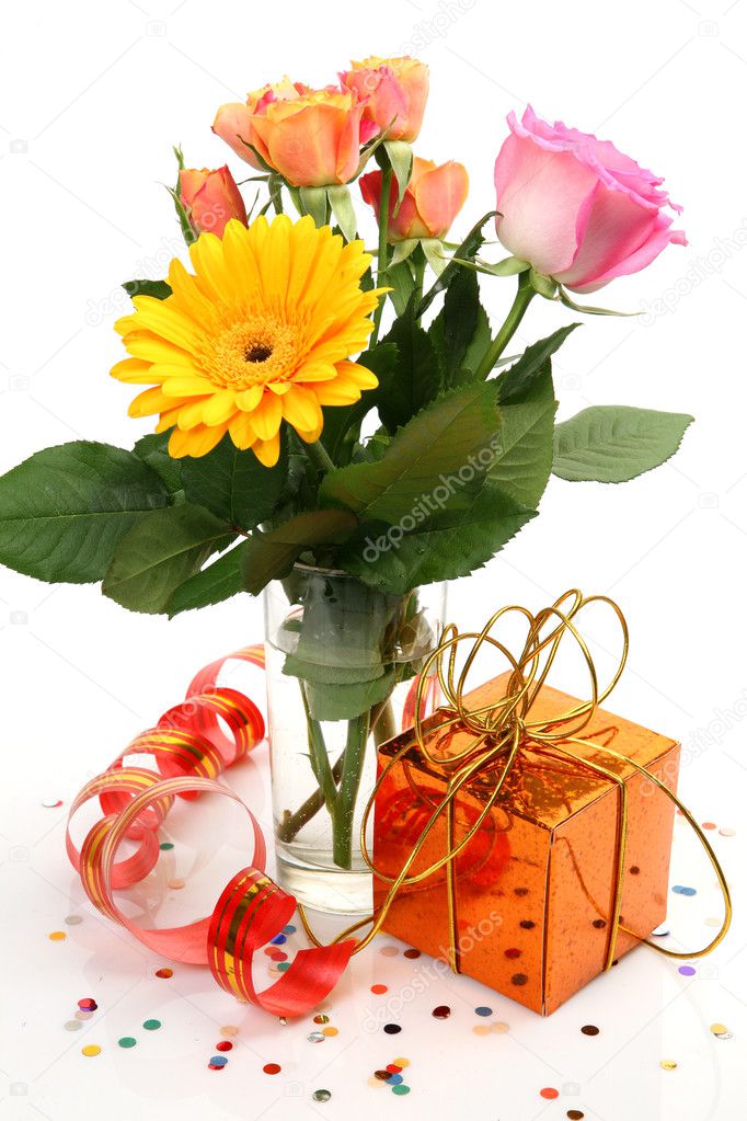 Bouquet with roses and a gift