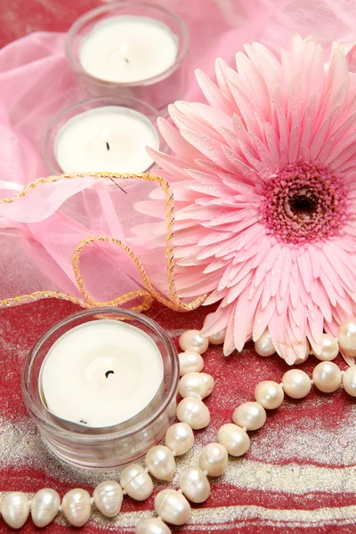 Flor rosa e velas — Fotografia de Stock