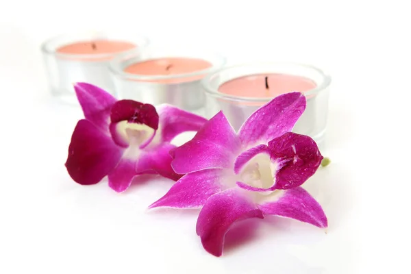 Rózsaszín Orchidea Égő Gyertya Stock Kép