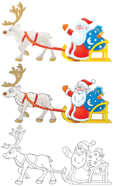 Weihnachtsmann fährt im Schlitten mit Rentieren — Stockfoto
