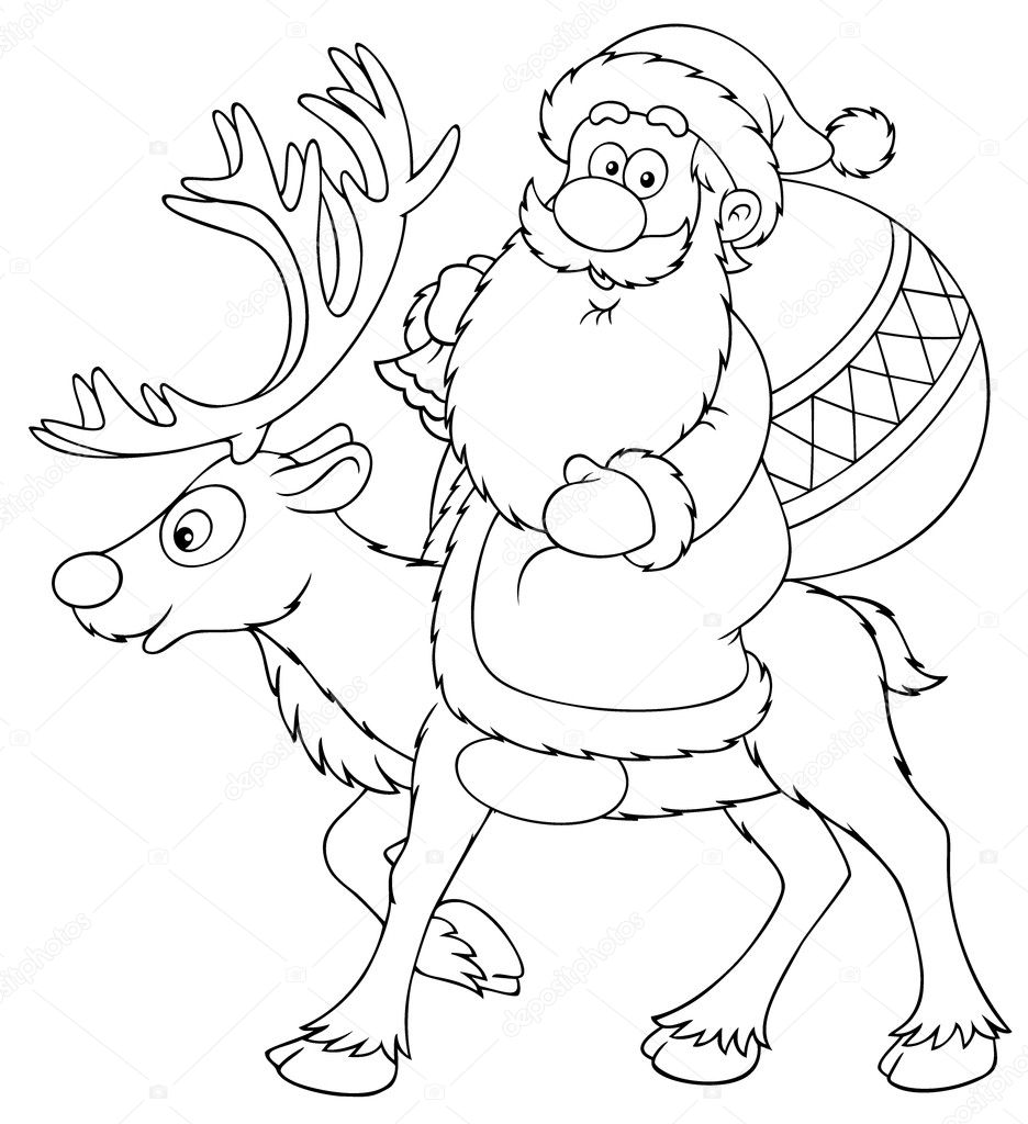 Babbo Natale in sella sulla sua renna e tenendo un sacchetto con i regali di Natale bianchi e nero di disegno per una pagina da colorare — Foto di