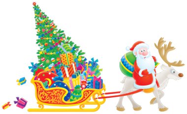 Noel ağacı ve hediyeler Santa kızakları