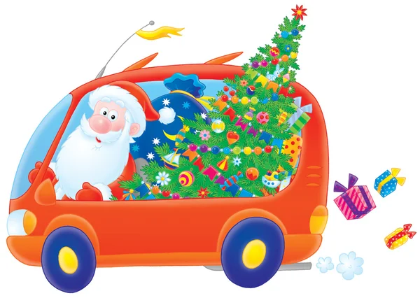 Weihnachtsmann fährt mit Weihnachtsgeschenken im Auto — Stockfoto