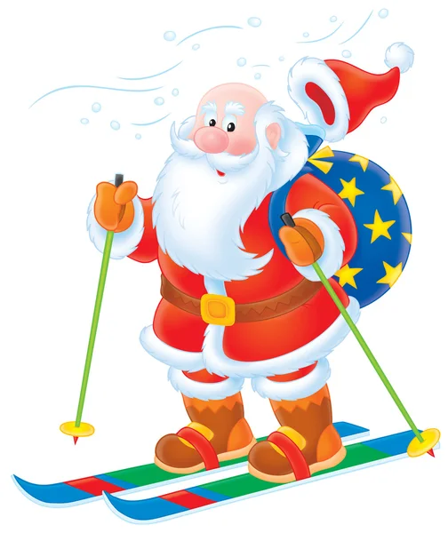 Santa claus na nartach z workiem prezentów — Zdjęcie stockowe