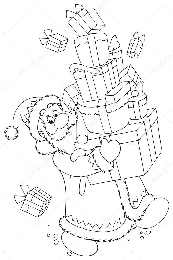 Santa carrying a large stack of gifts