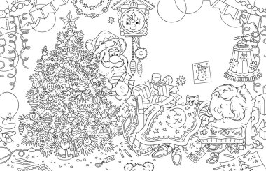 Noel Baba hediyeleri Noel ağacının altına koyar