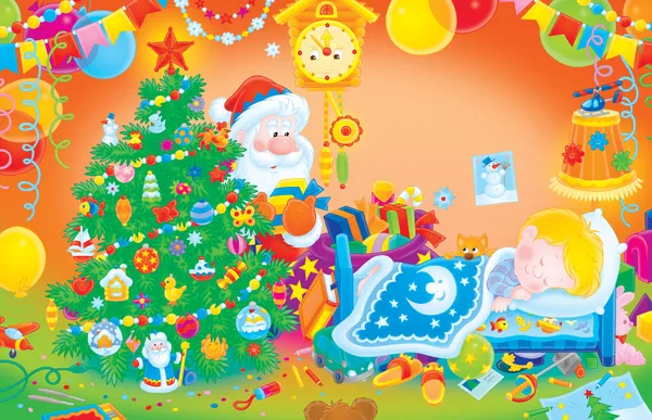 Papai Noel coloca presentes sob uma árvore de Natal — Fotografia de Stock