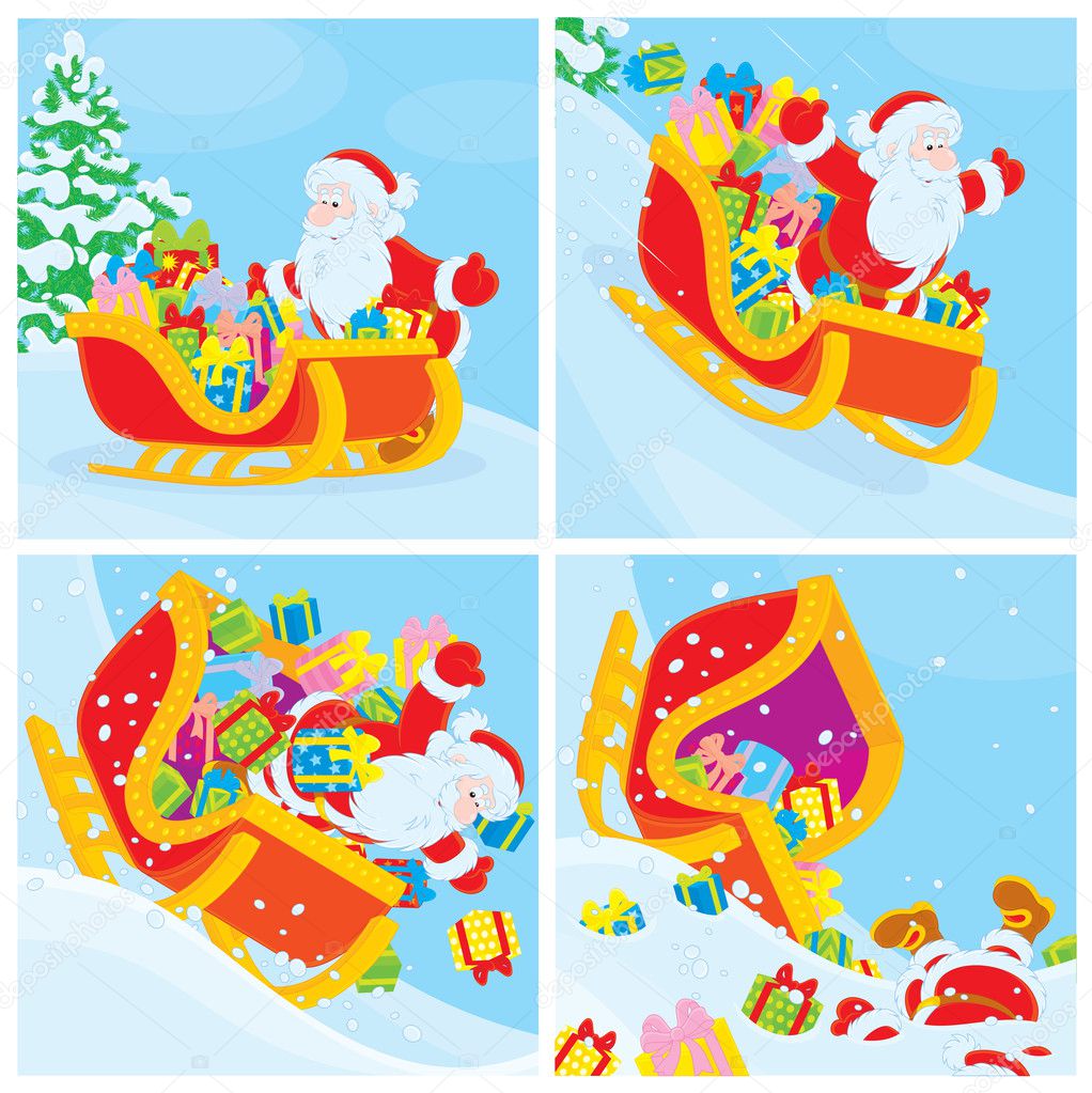 Santa in his sleigh slides down the hill