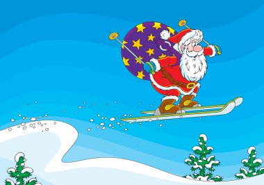 Santa Claus flying after a ski jump with his sackful of Christmas presents clipart
