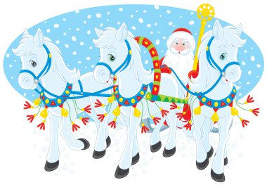 Büyükbaba frost ya da Noel Baba tarafından üç beyaz at çekti onun kızak sürüş