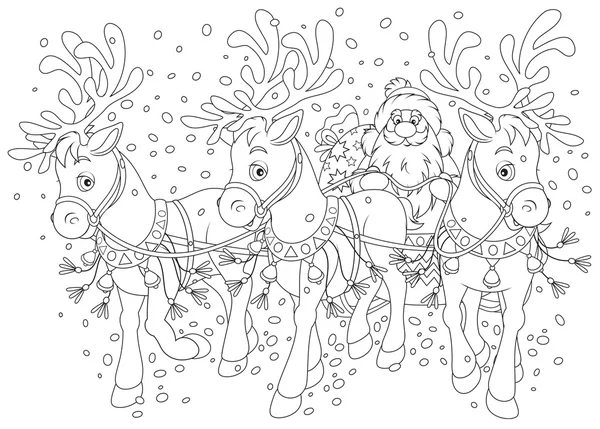 Babbo Natale che porta regali di Natale nella sua slitta trainata da tre renne — Vettoriale Stock