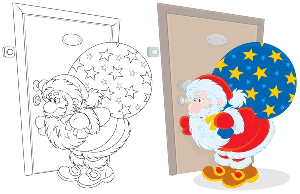 Санта Клаус держит мешок с рождественскими подарками и подглядывает в замочную скважину — стоковый вектор