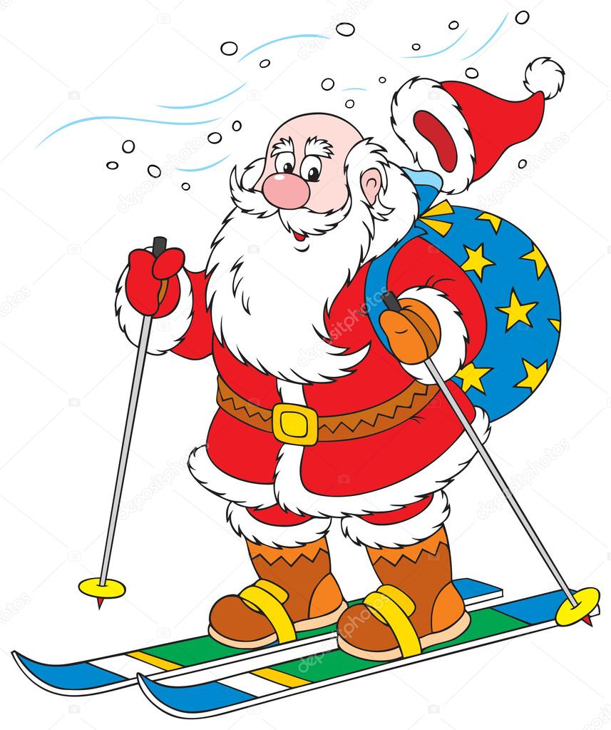 Claus skiing with Christmas presents in his bag