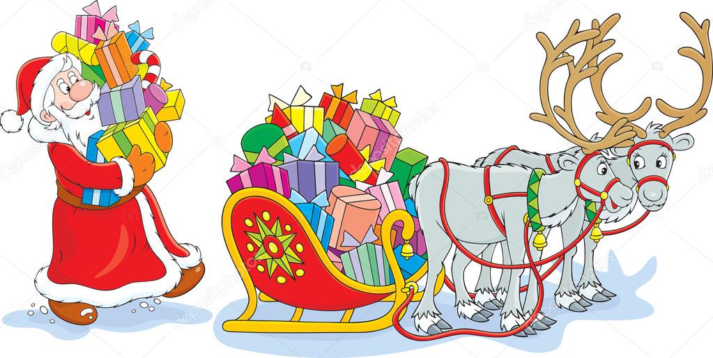 Santa Claus loading with Christmas presents his sleigh with pair of reindeer in one harness