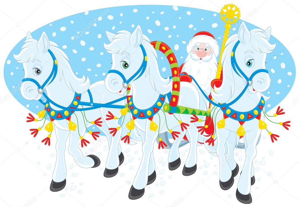 Grandfather Frost or Santa Claus driving in his sleigh pulled by three white horses