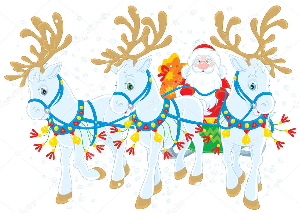 Santa Claus carrying Christmas gifts in his sleigh pulled by three white reindeers