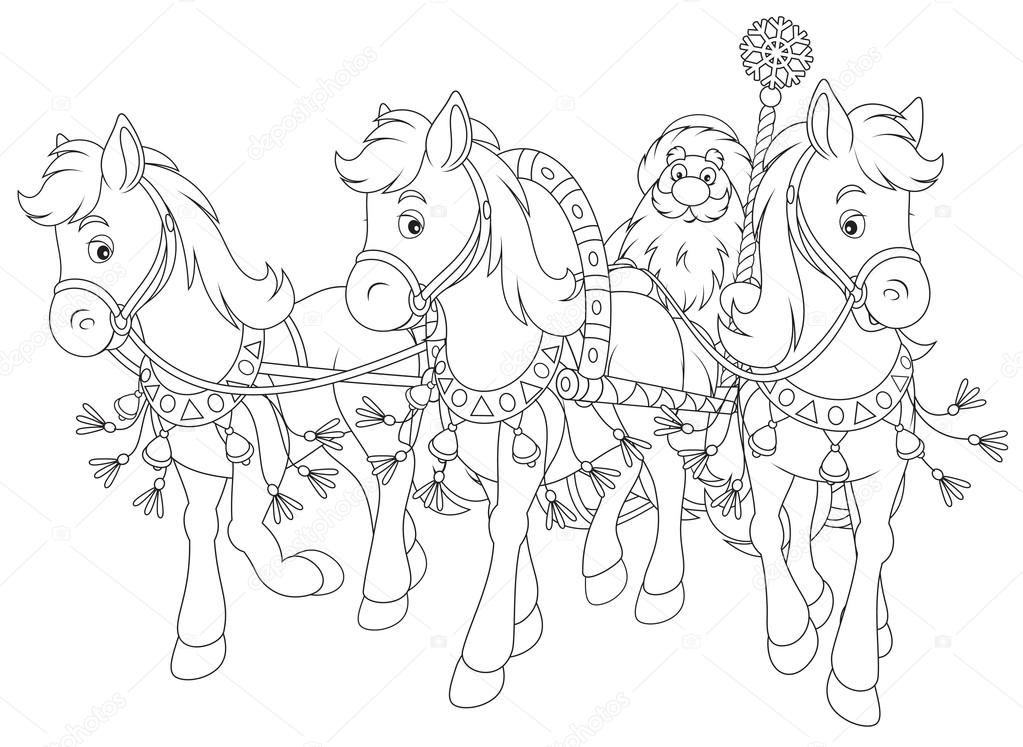 Grandfather Frost drives in his sledge pulled by three horses