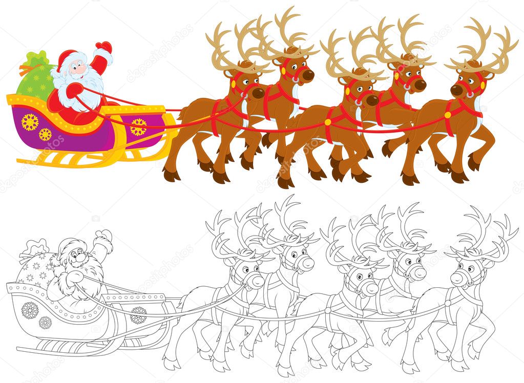 Santa Claus with Christmas gifts drives in his sleigh pulled by reindeers