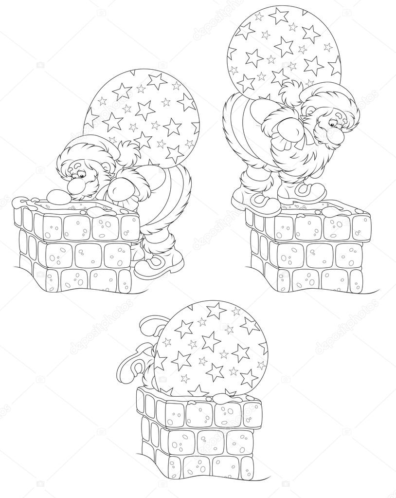 Santa Claus with his sack of Christmas presents tries to get through the chimney, black and white outline on a white background