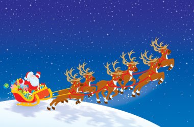 Santa christmas gece gökyüzünde kalktıktan atlı kızak