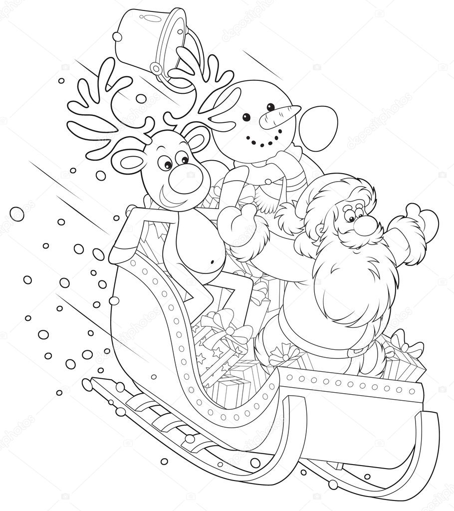 Santa Reindeer And Snowman In A Sleigh Stock Photo