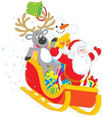 Santa, Ren geyiği ve kardan adam bir atlı kızak içinde