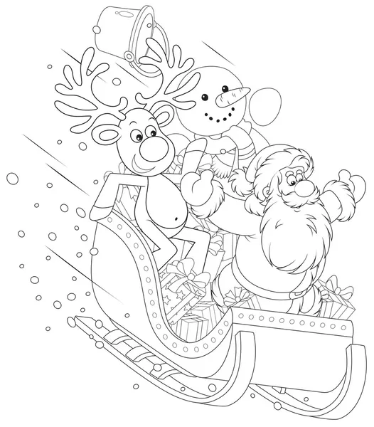 Santa, Ren geyiği ve kardan adam bir atlı kızak içinde — Stok Vektör