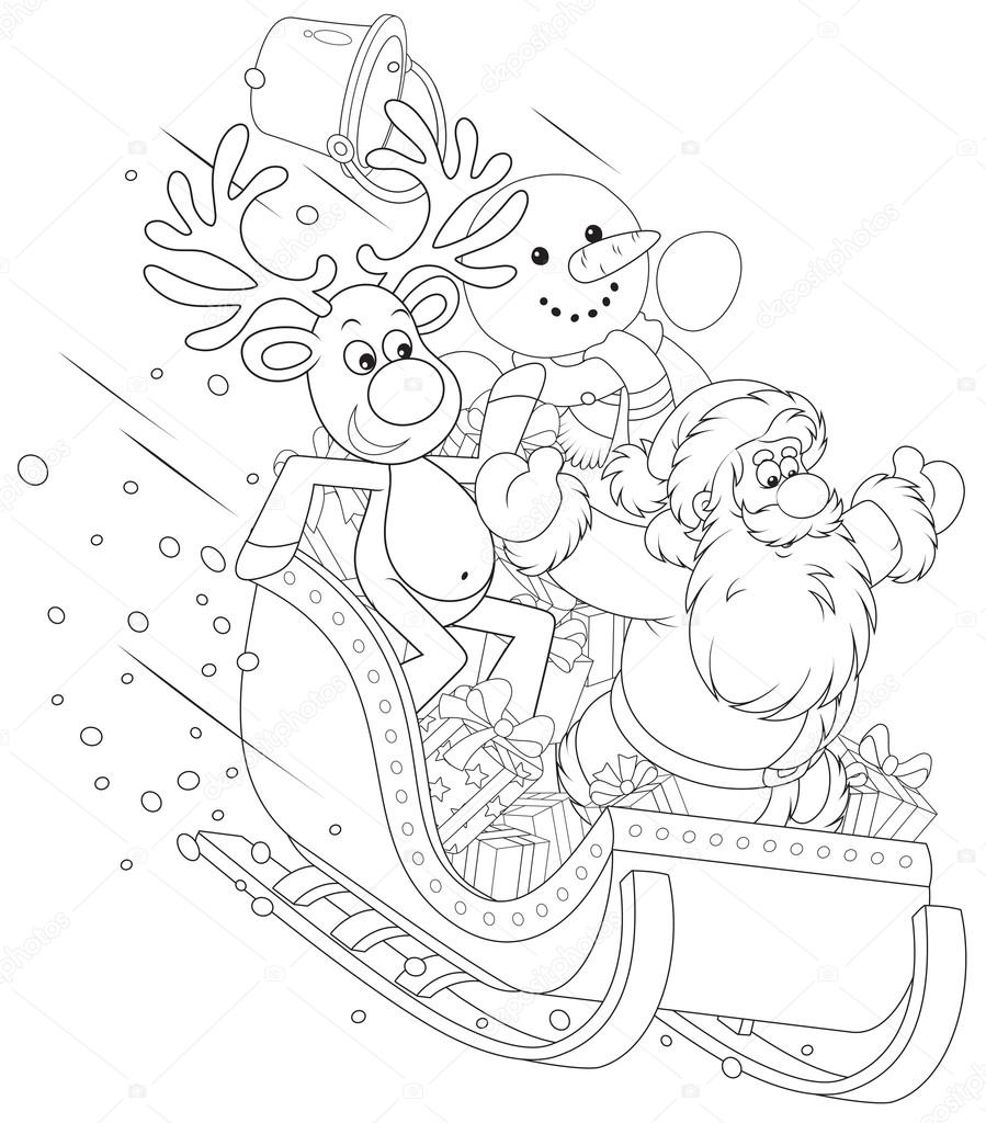 Santa, Reindeer and Snowman in a sleigh
