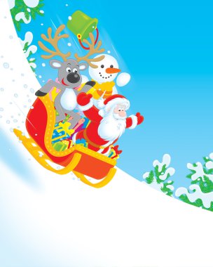 Santa, Ren geyiği ve hediyeler taşıyan kardan adam
