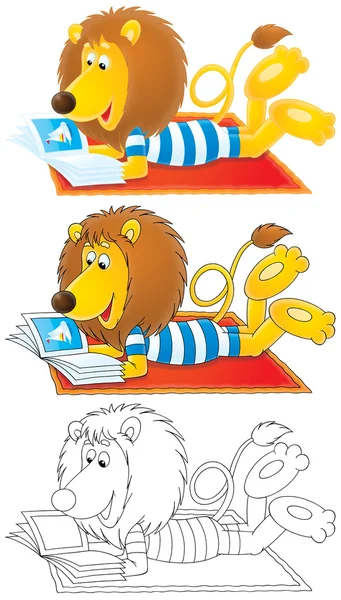 Löwe legt sich auf Teppich und liest Illustrierte — Stockfoto
