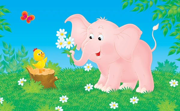Pink elephant and little chick — Stock Photo, Image