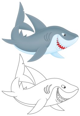 köpekbalığı, renkli ve beyaz zemin üzerine siyah beyaz çizimler