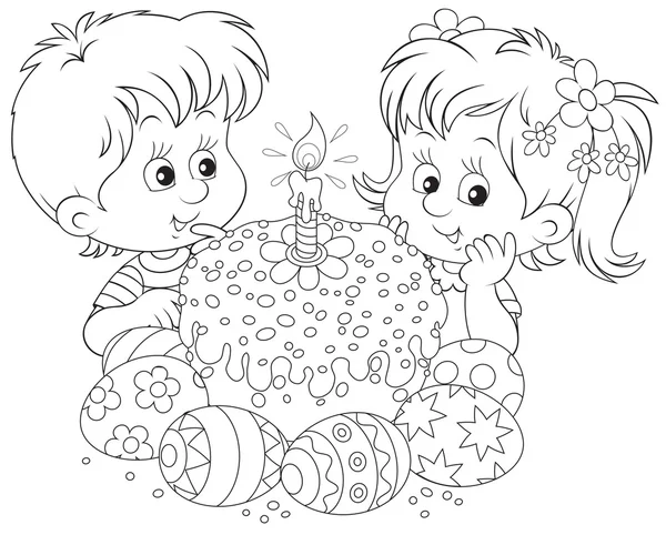Mädchen und Junge mit bunt dekorierter Ostertorte und bemalten Eiern — Stockvektor