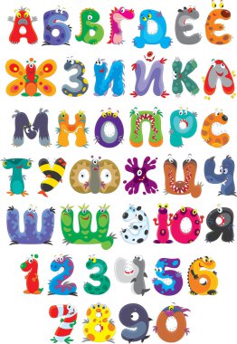 Russian alphabet and numbers with funny monsters