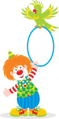 Circus clown playing with a green parrot clipart