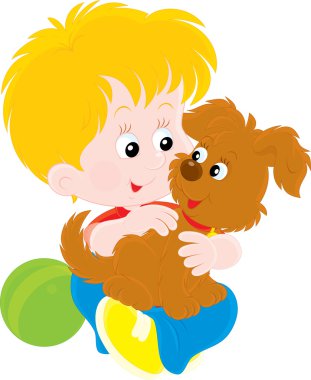 küçük çocuk onun küçük kahverengi yavru ile oynama