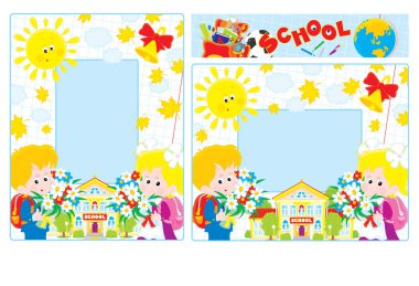 Borders with a school and first graders clipart