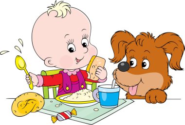 yemek masasında onun pup ile gülümseyen çocuk