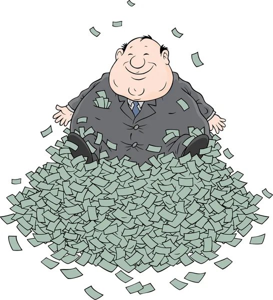 Прибуток, товстий бізнесмен сидить на великій купу грошей — стоковий вектор