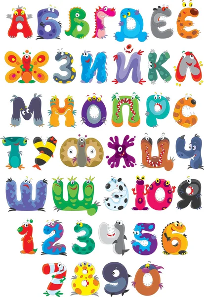 Alphabet russe et chiffres avec des monstres drôles — Image vectorielle