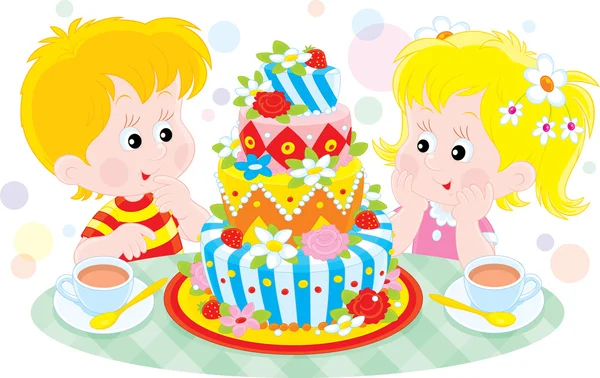 Girl and boy with a big colorful birthday cake — Stock Vector