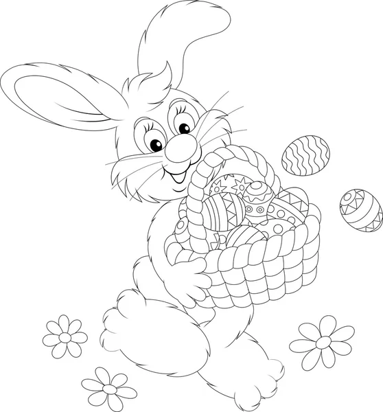 Conejo de Pascua llevando una cesta de huevos de Pascua pintados — Vector de stock