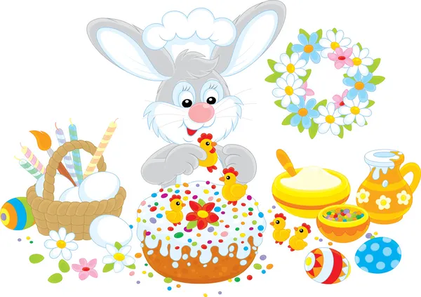 Easter bunny decorates a fancy cake — Stock Vector