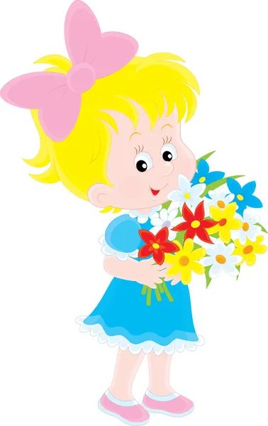 Little girl with a bouquet of colorful flowers — Stock Vector
