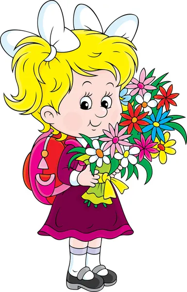 Primero, colegiala con cartera y flores — Vector de stock