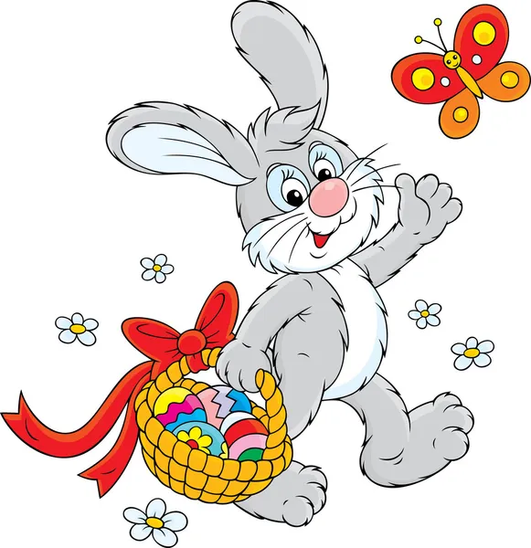 Easter bunny waving and carrying eggs — Stock Vector