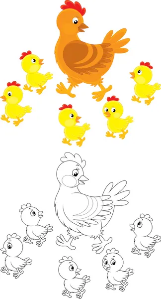 Mother hen and baby chicks. — Stock Vector
